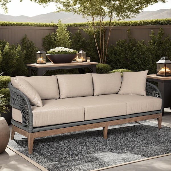Orbit Light Brown Eucalyptus Wood Outdoor Couch with Taupe Cushions