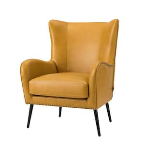 Harpocrates Modern Yellow Wooden Upholstered Nailhead Trims Armchair With Metal Legs
