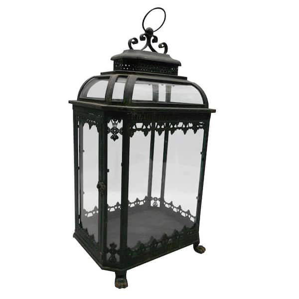 Unbranded 15 in. W x 25.5 in. H Glass Battery-Powered Candle Lantern with Metallic Frame-DISCONTINUED