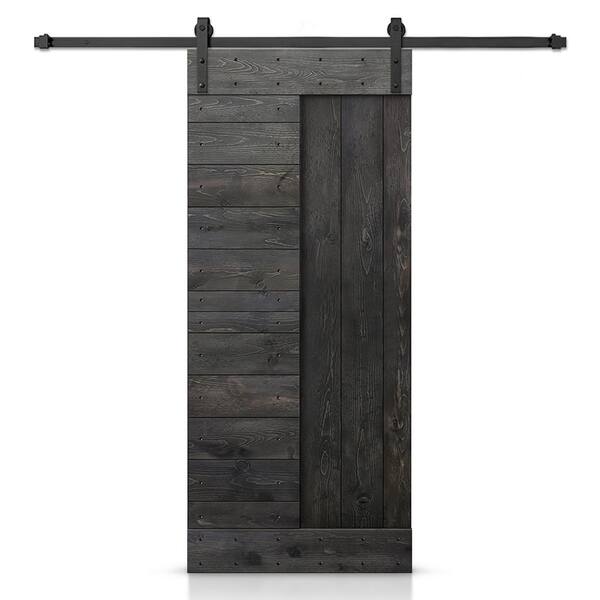CALHOME 24 in. x 84 in. Charcoal Black Stained DIY Knotty Pine Wood Interior Sliding Barn Door with Hardware Kit