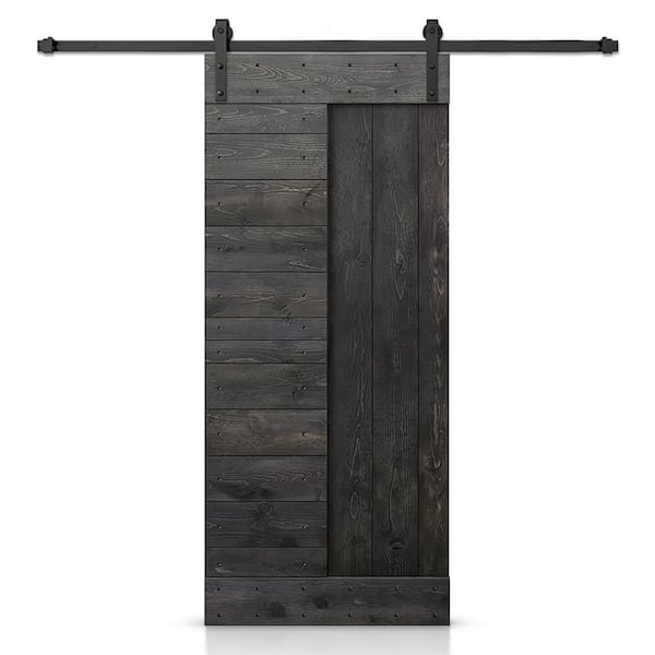 CALHOME 30 in. x 84 in. Charcoal Black Stained DIY Knotty Pine Wood Interior Sliding Barn Door with Hardware Kit