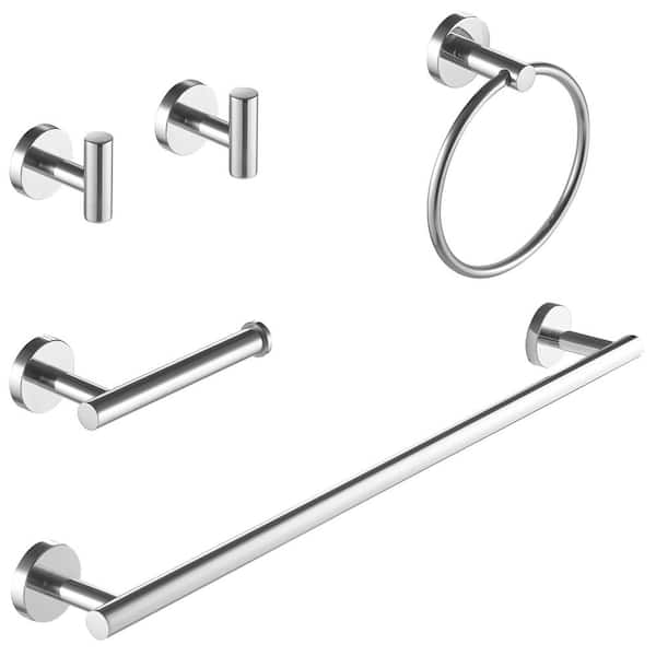5-Piece Bath Hardware with Towel Bar Towel Hook Toilet Paper Holder and Towel Ring Set in Polished Chrome