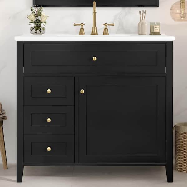 36 in. Single Sink Freestanding Black Bath Vanity with White Ceramic Top, 4-Drawers, Door Racks, Adjustable Shelf