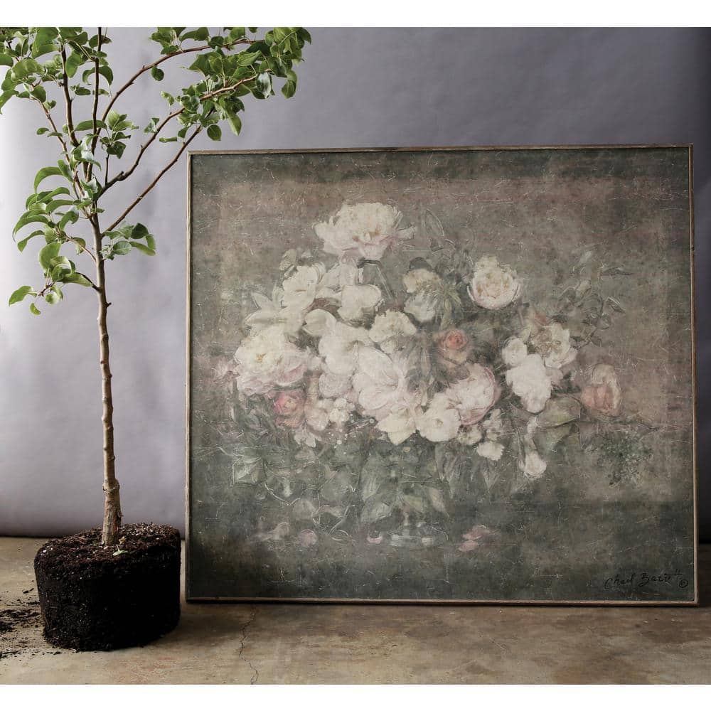 Large Gray and Pink Floral Canvas Painting with Distressed Wood Frame
