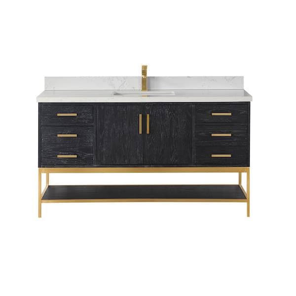 Altair Wildy 60 in. W x 22 in. D x 34 in. H Bath Vanity in Black Oak with Grain White Composite Stone Top