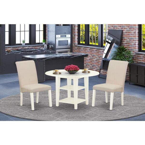 East West Furniture 3-Piece Linen White Finish Round Solid Wood Top With Dropleaf Dining Table Set