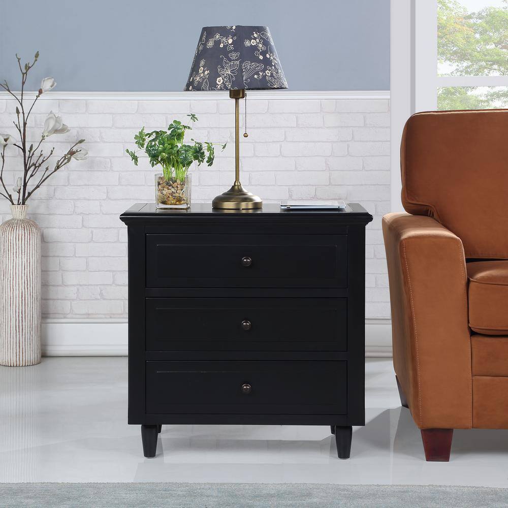 Modern Black 3-Drawer Solid Wood Nightstand with Nickel Knobs