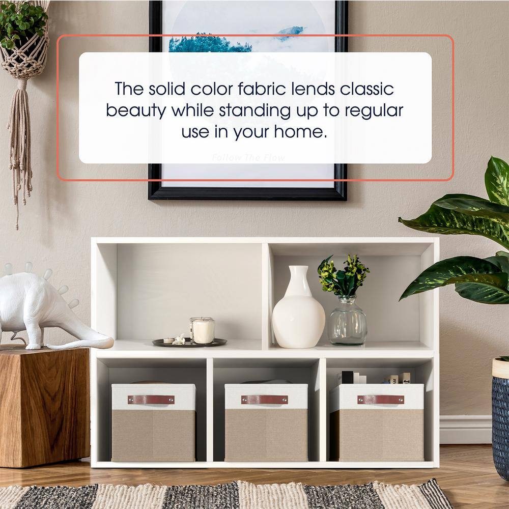 Extra Large White and Khaki Fabric Storage Bins with Faux Leather Handles - 3 Pack