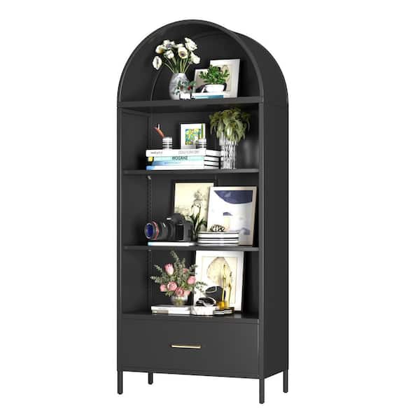 Hephastu 31 in. W x 73 in. H x 15 in. D 4-Tier Metal Arched Cabinet,Modern Farmhouse Bookshelf with 2-Adjustable Shelves in Black