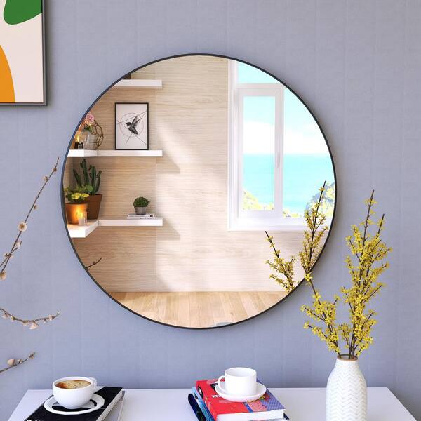 ARTCHIRLY 24 in. W x 24 in. H Round Metal Framed Wall Bathroom Vanity Mirror in Matte Black