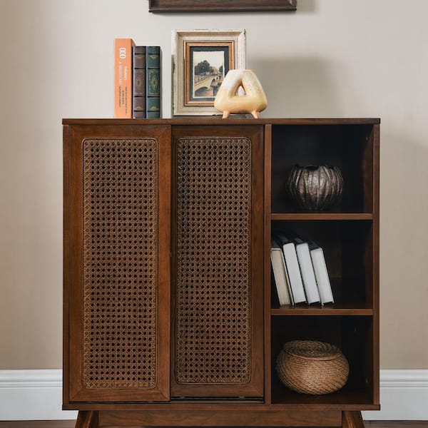 Mid Century Modern Rattan Sideboard Cabinet, Buffet Cabinet for Kitchen in Walnut