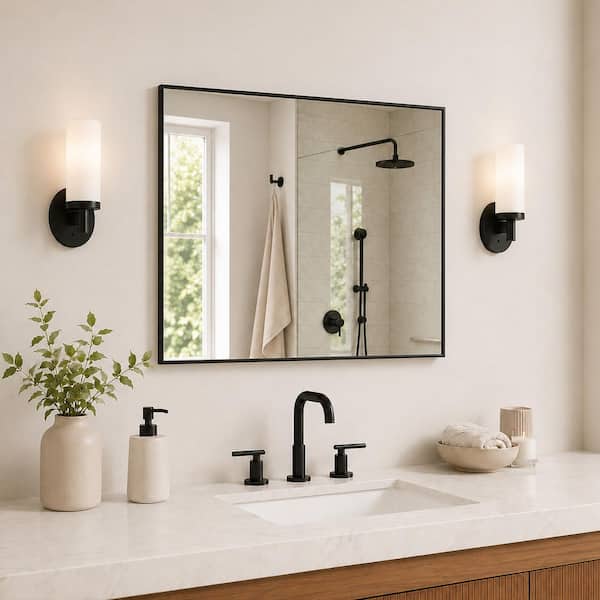 Aura 36 in. W x 30 in. H Rectangular Framed Wall Bathroom Vanity Mirror in Matte Black