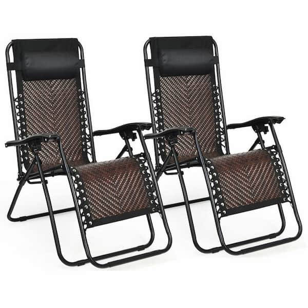ANGELES HOME Folding Patio Rattan Zero Outdoor Gravity Lounge Chair Set of 2 in Light Brown