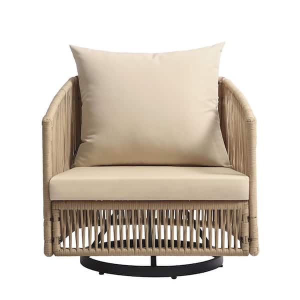 Uixe Khaki 3-Piece Metal Wicker Patio Conversation Set Outdoor Chairs and Coffee Table with Khaki Cushion