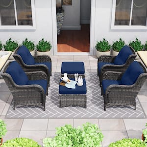 6-Piece Wicker Outdoor Patio Conversation Lounge Chair Set with Blue Cushions and Ottomans