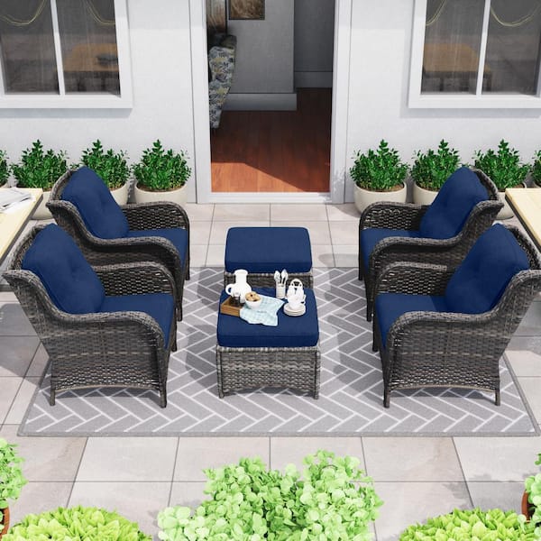 Gardenbee 6-Piece Wicker Outdoor Patio Conversation Lounge Chair Set with Blue Cushions and Ottomans