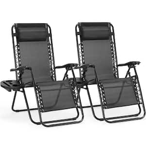 Black Folding Zero Gravity Metal Patio Outdoor Chaise Lounge Chair with Headrest (Set of 2)
