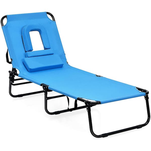 SKONYON Folding Steel Outdoor Lounge Chair in Blue with Adjustable Back and Hole