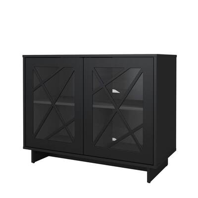 Paragon Black with Linear Design Detail Accent Cabinet with 2-Glass Doors