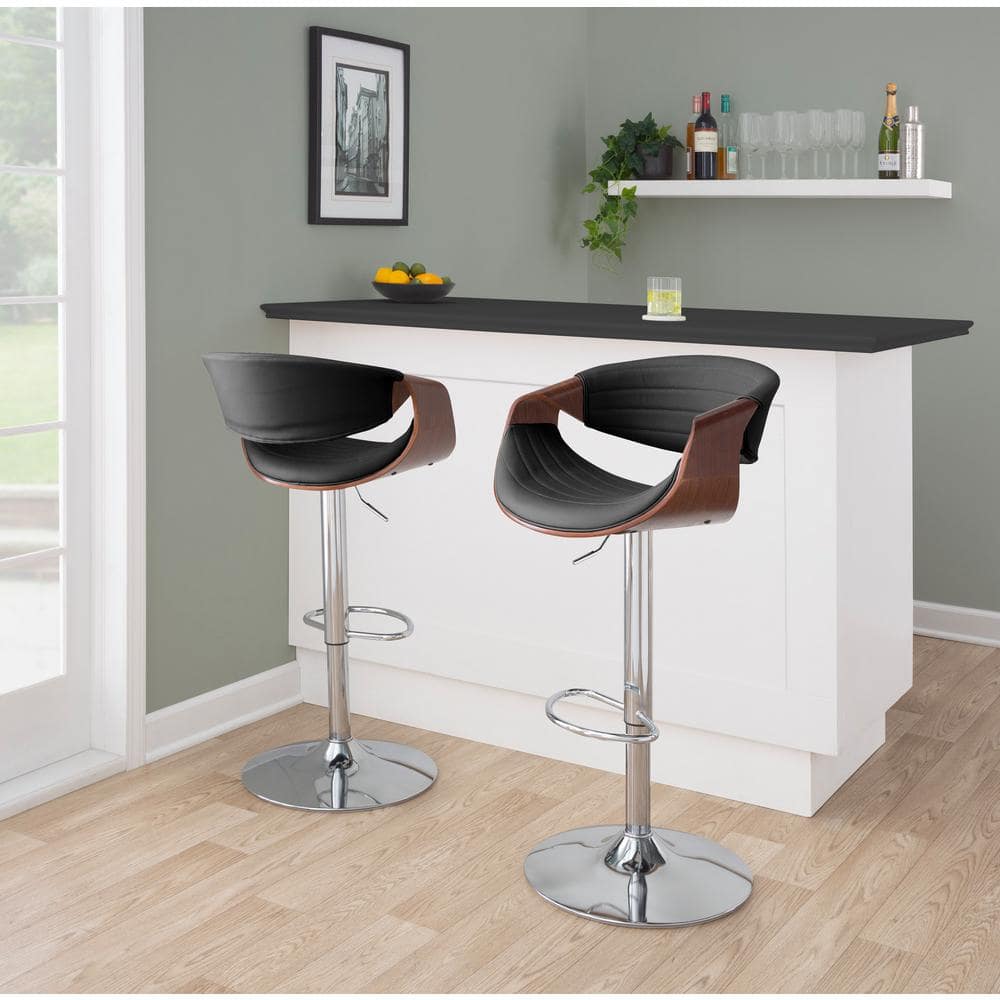 Symphony Black Faux Leather Adjustable Swivel Barstool Set with Chrome and Walnut Wood