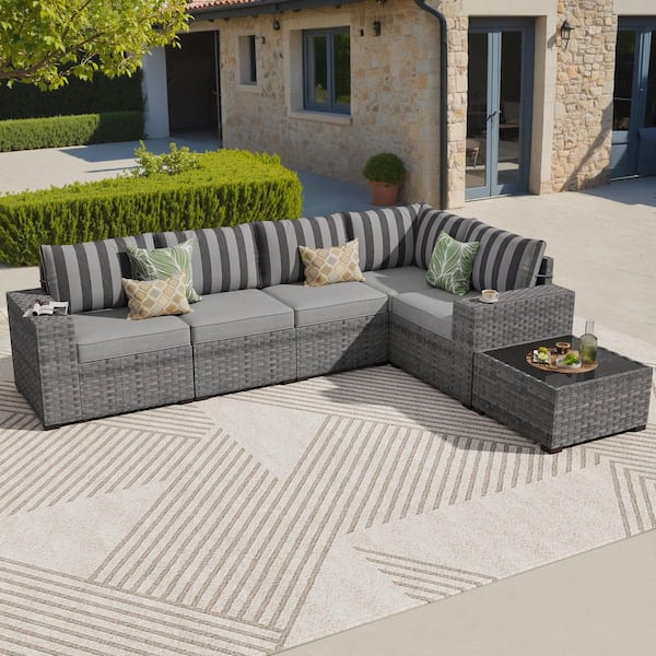 OVIOS Bissty Gray 6-Piece Wicker Wide Arm Patio Conversation Set with Striped Gray Cushions