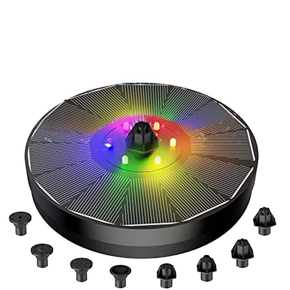 High Power Black Solar Bird Bath Water Pump Fountain with LED Lights, 7 Nozzle System, Durable Glass PET Construction