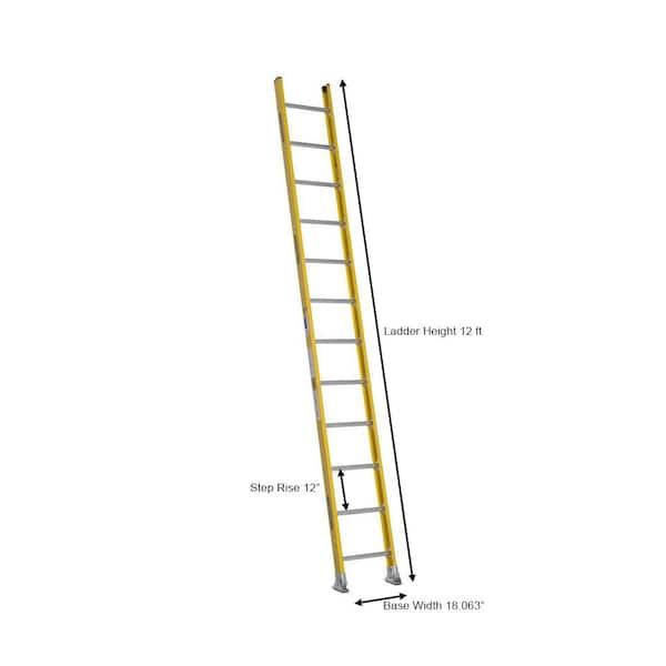 WERNER Straight Ladder: 12 ft Ladder Ht, 18 1/8 in Overall Wd, D-Rung, 21.5  lb Net Wt