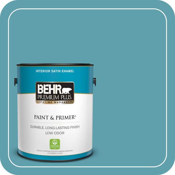 BEHR PREMIUM PLUS 1 gal. #BIC-53 Turquoise Satin Enamel Low Odor Interior Paint & Primer