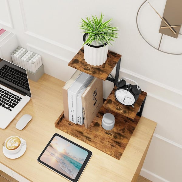 Rustic Brown 11.8 in. x 11.4 in. Wood Desk Acessories, Small Cute 3-Tier Desk Shelves Storage Rack and Cubicle Organizer
