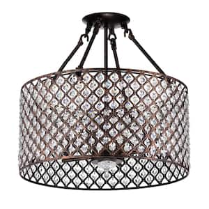 Marya 4-Light Modern Antique Copper Finish Crystal Semi-Flush Mount Light with Clear Glass Crystal Beaded Drum Shade