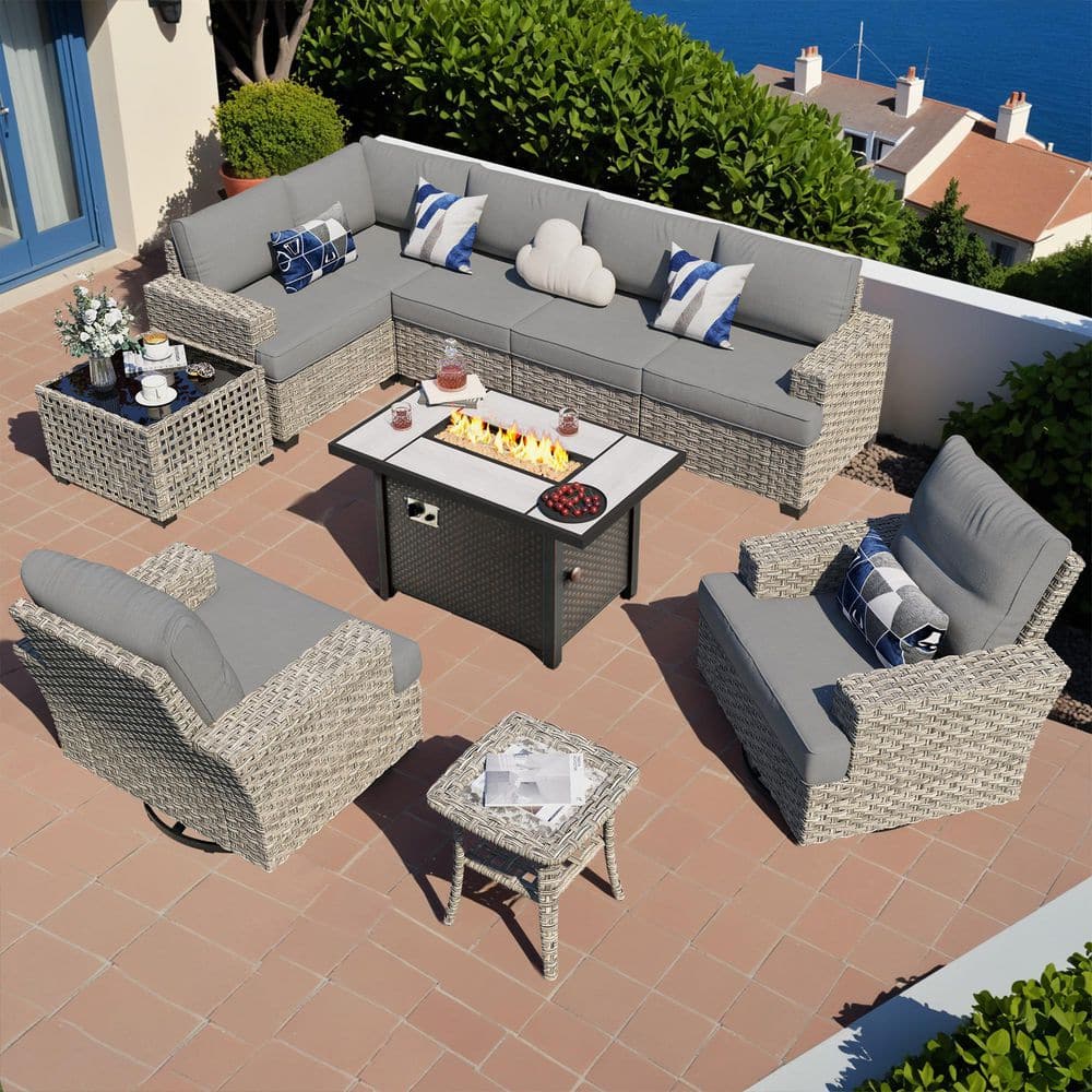 Aurea 10-Pieces Wicker Outdoor Patio Rectangular Fire Pit Set with Dark Grey Cushions