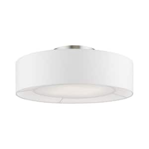 Gilmore 21 in. 4-Light Brushed Nickel Semi-Flush Mount with Shiny White Accents and an Off-White Fabric Shade
