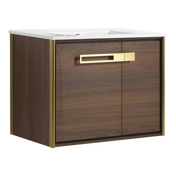 FINE FIXTURES Oakville 30 in. W x 18 in. D x 23.25 in. H Wall Mounted Bathroom Vanity in Brown with White Ceramic Sink Top