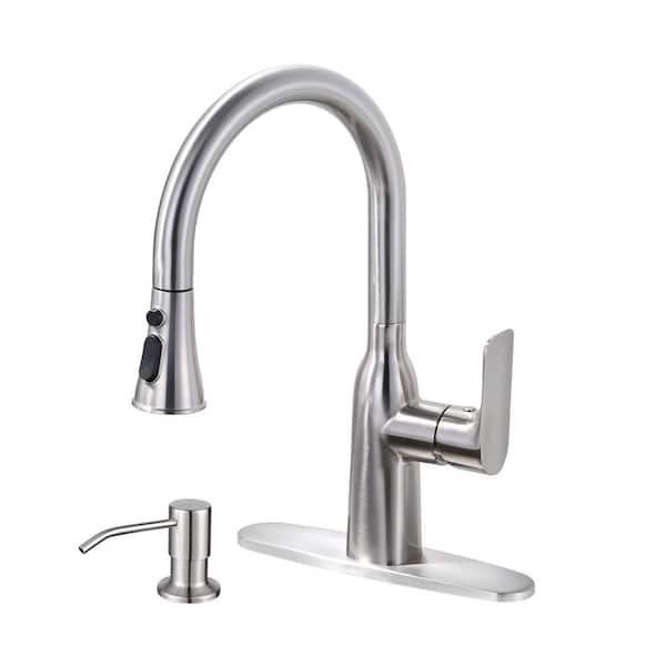 VEVETTA Single Handle Pull Down Sprayer Kitchen Faucet with Soap Dispenser and Deck Plate Included in Brushed Nickel
