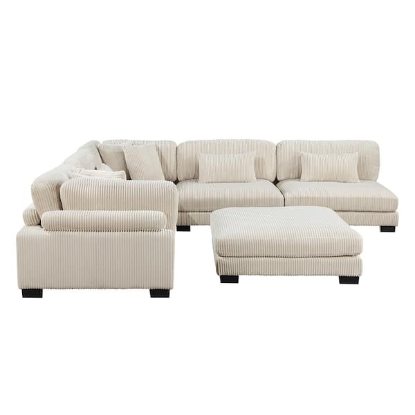 Lazzara Turbo 135 in. Straight Arm 6-Piece Corduroy Fabric Modular Sectional Sofa in Beige with Ottoman