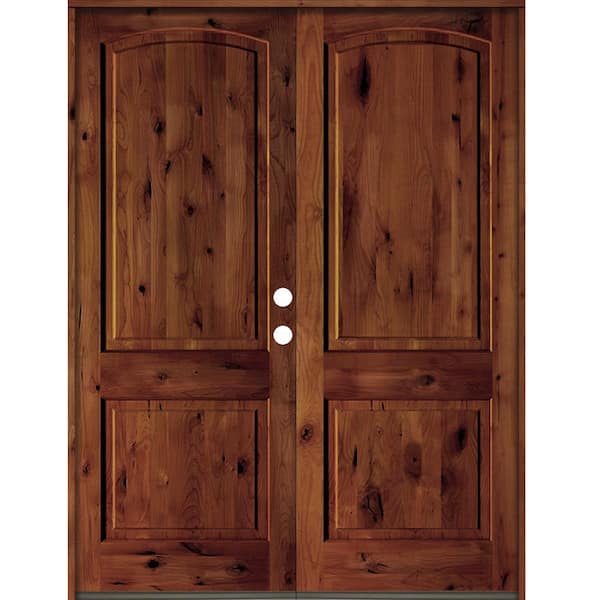 Krosswood Doors 72 in. x 96 in. Rustic Knotty Alder 2-Panel Arch Top Red Chestnut Stain Left-Hand Wood Double Prehung Front Door