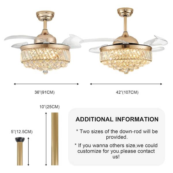 ANTOINE 36 in. Modern Indoor Retractable Blade Ceiling Fan with LED Light  and Remote Control Gold Crystal Ceiling Fan Light HD-FSD-01 - The Home Depot