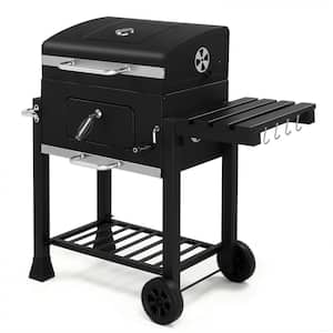 Portable Charcoal Grill with Foldable Side Table and Wheels in Black