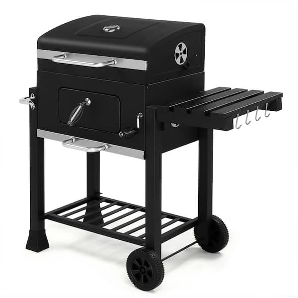 Karl home Portable Charcoal Grill with Foldable Side Table and Wheels in Black