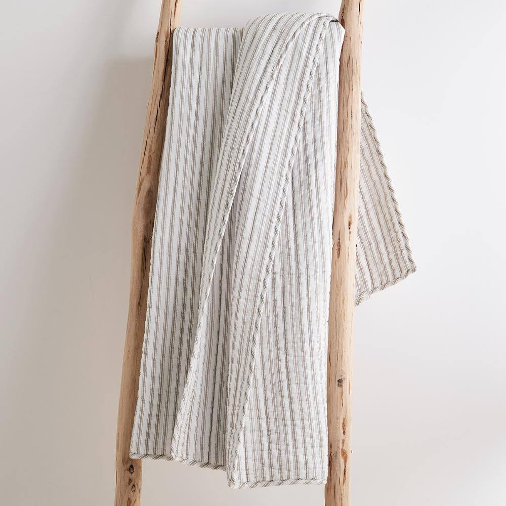 Nautical Stripe Taupe and White Reversible Cotton Quilted Throw 50x60in