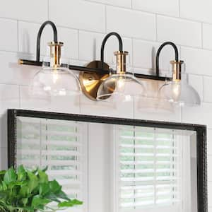 Saxifraga Modern 3-light Black and Brass Wall Sconce with Clear Dome Glass Shade, 22.5 in. Vanity Light for Bathroom