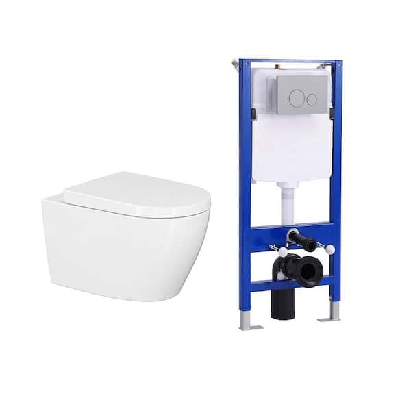 1.1/1.6 GPF Dual Flush Elongated Wall Hung Toilet Combo in White with Concealed In-Wall Toilet Tank, Flush Plate