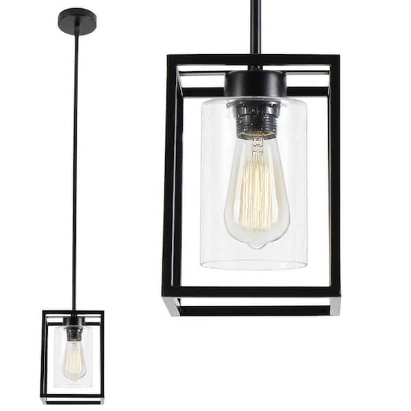 Matte Black Mini Bubble Glass Pendant Light for Kitchen Island 1-Light Industrial Seeded Cylinder Glass Hanging Lighting