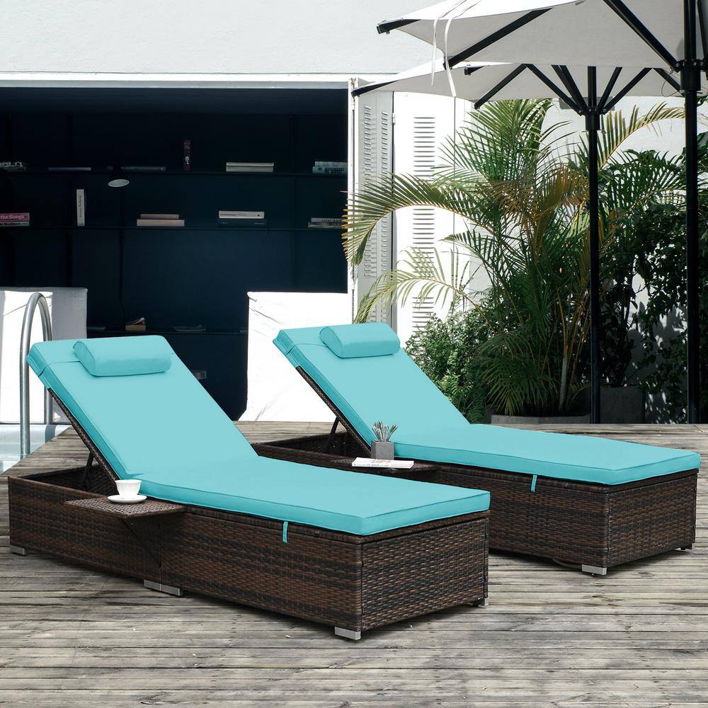 2-Piece Brown Wicker Adjustable Backrest Outdoor Chaise Lounge with Blue Re