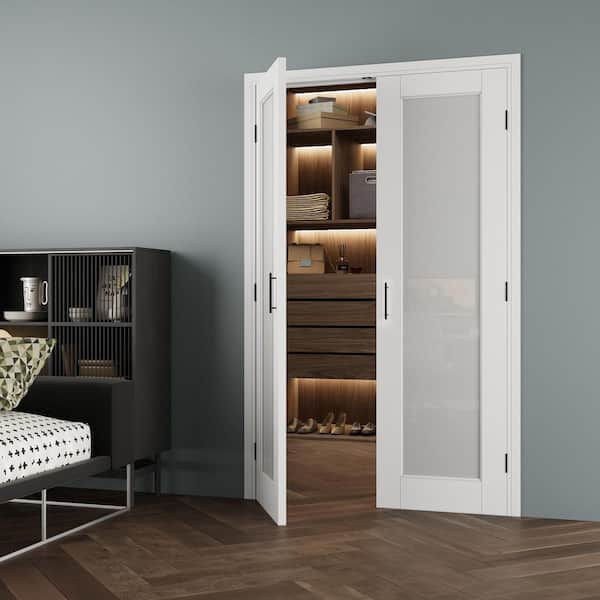 48 in. x 80 in. 1-Lite Frosted Glass Universal White Solid Core MDF Double Prehung French Door+Separate Jamb&Ball Catch
