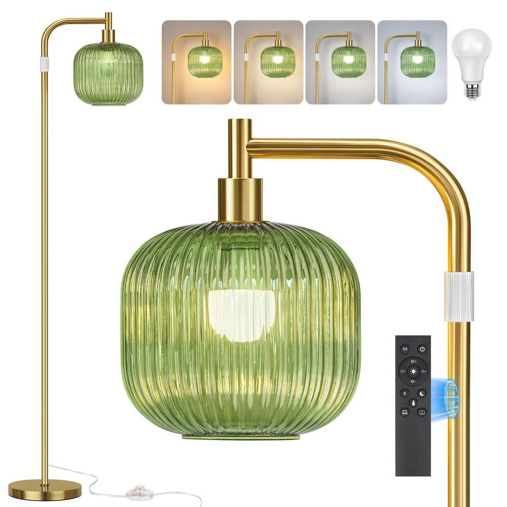Modern 71 in. Gold Adjustable Height Standing Light, Green Ribbed Glass Arc Floor Lamp with Remote Control price history on PriceWatchPro