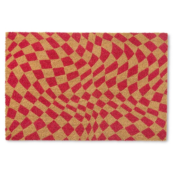 TOWN & COUNTRY LIVING Checkerboard Emmett Red 18 in. x 30 in. Coir Groovy Outdoor Mat
