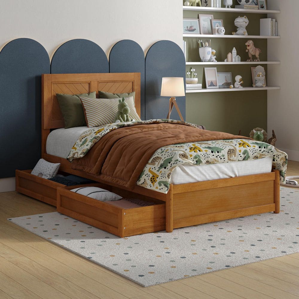 Clayton Light Toffee Natural Bronze Solid Wood Frame Twin Platform Bed with Panel Footboard and Storage Drawers price history on PriceWatchPro
