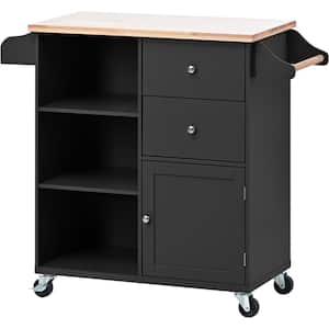 Black Wood Kitchen Cart for Kitchen with 4-Wheels and 2-Drawers and 3 Open Shelves with Solid Wood Top (41.34 in. L)