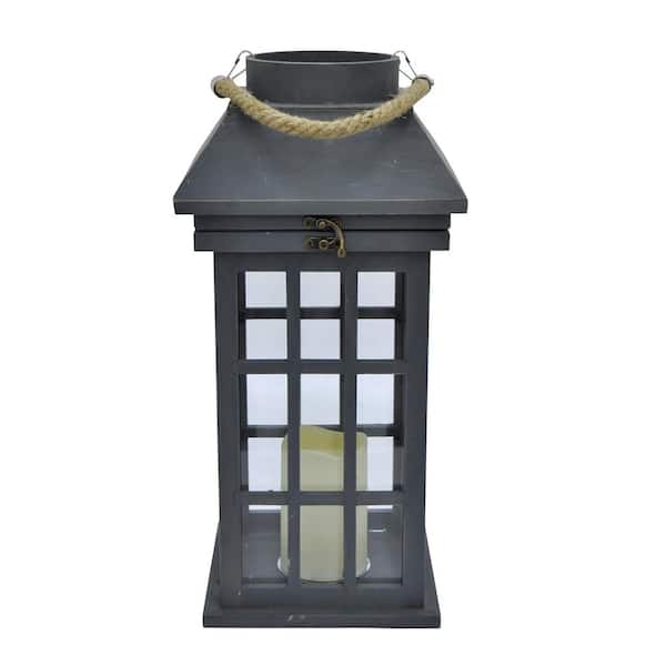 THREE HANDS 17.75 in. Wood Lantern with Led Candle in Gray
